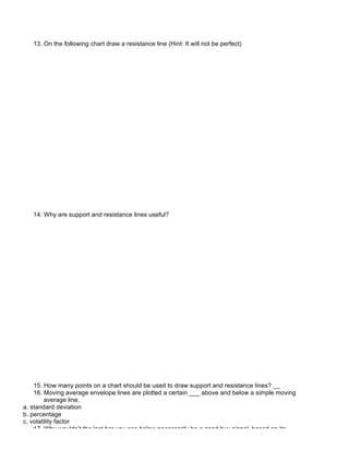 13. On the following chart draw a resistance line (Hint: It will not be perfect)




   14. Why are support and resistance lines useful?




    15. How many points on a chart should be used to draw support and resistance lines? __
    16. Moving average envelope lines are plotted a certain ___ above and below a simple moving
        average line.
a. standard deviation
b. percentage
c. volatility factor
    17. Why wouldn’t the last bar you see below necessarily be a good buy signal, based on its
        relationship with its Bollinger band?
 