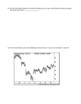24. On the chart below, based on the last information you can see, what direction would you expect
    this stock to go next? ___________________




25. On the chart below, why are the Bollinger bands narrow in “area a” but widened in “area b”?
 