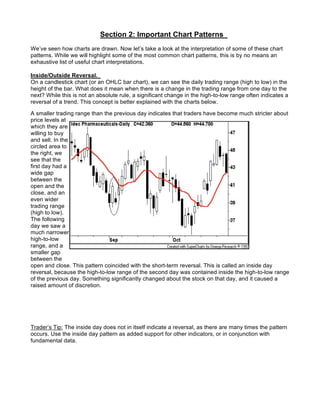 Section 2: Important Chart Patterns
We’ve seen how charts are drawn. Now let’s take a look at the interpretation of some of these chart
patterns. While we will highlight some of the most common chart patterns, this is by no means an
exhaustive list of useful chart interpretations.

Inside/Outside Reversal.
On a candlestick chart (or an OHLC bar chart), we can see the daily trading range (high to low) in the
height of the bar. What does it mean when there is a change in the trading range from one day to the
next? While this is not an absolute rule, a significant change in the high-to-low range often indicates a
reversal of a trend. This concept is better explained with the charts below.

A smaller trading range than the previous day indicates that traders have become much stricter about
price levels at
which they are
willing to buy
and sell. In the
circled area to
the right, we
see that the
first day had a
wide gap
between the
open and the
close, and an
even wider
trading range
(high to low).
The following
day we saw a
much narrower
high-to-low
range, and a
smaller gap
between the
open and close. This pattern coincided with the short-term reversal. This is called an inside day
reversal, because the high-to-low range of the second day was contained inside the high-to-low range
of the previous day. Something significantly changed about the stock on that day, and it caused a
raised amount of discretion.




Trader’s Tip: The inside day does not in itself indicate a reversal, as there are many times the pattern
occurs. Use the inside day pattern as added support for other indicators, or in conjunction with
fundamental data.
 