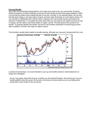 Cup and Handle
One of the more interesting interpretations of a longer term chart is the “cup and handle” formation.
While the specifics of what constitutes an actual cup and handle formation are always debated, suffice
it to say that the pattern does indeed look like a cup with a handle. In our example below, we can see
that the stock makes a new term high in August, and then sells off sharply on much higher volume. It’s
not until late on 2000/early 2001 that the price is trading at the same levels that we saw before the
downturn in September. To complete the other side of the cup, we need to see trades at prices we see
in August, and we need to see those trades on higher volume. The final piece of the puzzle is the
handle. To properly develop the handle, we have to see another reclamation of those August prices
after a pullback, and then new highs on higher volume.


This formation usually takes weeks to actually develop, although you may see it occasionally form over




a period of several days. It is recommended to use cup and handle charts for intermediate term or
longer term strategies.

 As you may guess, there will never be a perfect cup and handle formation. Nor will any two cup and
 handle patterns looks the same. All the same, the price and volume data can be very telling when
 charts start to look similar to the one above.
 