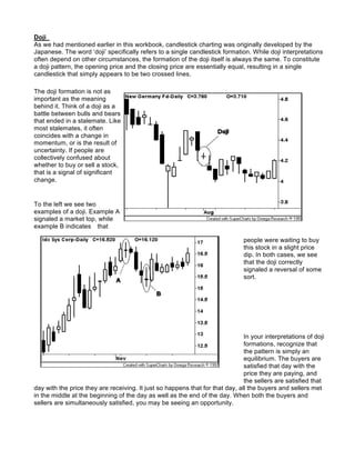 Doji
As we had mentioned earlier in this workbook, candlestick charting was originally developed by the
Japanese. The word ‘doji’ specifically refers to a single candlestick formation. While doji interpretations
often depend on other circumstances, the formation of the doji itself is always the same. To constitute
a doji pattern, the opening price and the closing price are essentially equal, resulting in a single
candlestick that simply appears to be two crossed lines.

The doji formation is not as
important as the meaning
behind it. Think of a doji as a
battle between bulls and bears
that ended in a stalemate. Like
most stalemates, it often
coincides with a change in
momentum, or is the result of
uncertainty. If people are
collectively confused about
whether to buy or sell a stock,
that is a signal of significant
change.


To the left we see two
examples of a doji. Example A
signaled a market top, while
example B indicates that

                                                                               people were waiting to buy
                                                                               this stock in a slight price
                                                                               dip. In both cases, we see
                                                                               that the doji correctly
                                                                               signaled a reversal of some
                                                                               sort.




                                                                               In your interpretations of doji
                                                                               formations, recognize that
                                                                               the pattern is simply an
                                                                               equilibrium. The buyers are
                                                                               satisfied that day with the
                                                                               price they are paying, and
                                                                               the sellers are satisfied that
day with the price they are receiving. It just so happens that for that day, all the buyers and sellers met
in the middle at the beginning of the day as well as the end of the day. When both the buyers and
sellers are simultaneously satisfied, you may be seeing an opportunity.
 