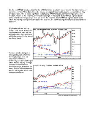 On the next MACD charts, notice that the MACD analysis is actually based around the aforementioned
centerline, or “zero” line. Sometimes the moving averages lines are above zero, and sometimes they
are below zero. This is also a significant part of using MACD analysis, as the moving average line
location, relative to the zero line, indicates the strength of that trend. Bullish MACD signals ideally
come when the moving average lines are above the zero line. Bearish MACD signals ideally come
when the moving average lines are below the zero line. It’s worth looking at examples of each of these
scenarios.


In this example we get the
bullish “buy” signal when both
moving average lines are just
above the zero line, which was
still bullish enough to be a good
purchase signal.




Here we see the dangers of
taking sell signals when the
moving average lines are
above zero. While we
technically saw a bearish signal
when the fast moving average
crossed under the slower
moving average, this stock still
had a lot of bullish momentum.
All four sell signals would have
been errant signals.
 