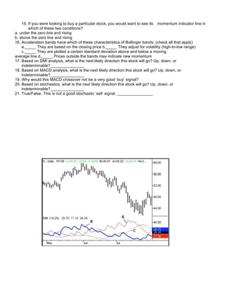 15. If you were looking to buy a particular stock, you would want to see its momentum indicator line in
        which of these two conditions?
a. under the zero line and rising
b. above the zero line and rising
16. Acceleration bands have which of these characteristics of Bollinger bands: (check all that apply)
    a._____ They are based on the closing price b._____ They adjust for volatility (high-to-low range)
    c._____ They are plotted a certain standard deviation above and below a moving
average line d._____ Prices outside the bands may indicate new momentum
17. Based on DMI analysis, what is the next likely direction this stock will go? Up, down, or
    indeterminable?_______________
18. Based on MACD analysis, what is the next likely direction this stock will go? Up, down, or
    indeterminable?_______________
19. Why would this MACD crossover not be a very good ‘buy’ signal?
20. Based on stochastics, what is the next likely direction this stock will go? Up, down, or
    indeterminable?_______________
21. True/False. This is not a good stochastic ‘sell’ signal. ________________
 