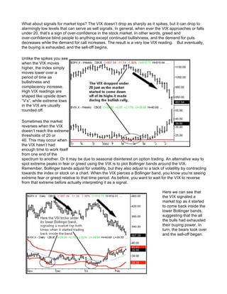What about signals for market tops? The VIX doesn’t drop as sharply as it spikes, but it can drop to
alarmingly low levels that can serve as sell signals. In general, when ever the VIX approaches or falls
under 20, that’s a sign of over-confidence in the stock market. In other words, greed and
over-confidence blind people to anything except continued bullishness, and the demand for puts
decreases while the demand for call increases. The result is a very low VIX reading. But eventually,
the buying is exhausted, and the sell-off begins.

Unlike the spikes you see
when the VIX moves
higher, the index simply
moves lower over a
period of time as
bullishness and
complacency increase.
High VIX readings are
shaped like upside down
“V’s”, while extreme lows
in the VIX are usually
rounded off.

Sometimes the market
reverses when the VIX
doesn’t reach the extreme
thresholds of 20 or
40. This may occur when
the VIX hasn’t had
enough time to work itself
from one end of the
spectrum to another. Or it may be due to seasonal disinterest on option trading. An alternative way to
spot extreme peaks in fear or greed using the VIX is to plot Bollinger bands around the VIX.
Remember, Bollinger bands adjust for volatility, but they also adjust to a lack of volatility by contracting
towards the index or stock on a chart. When the VIX pierces a Bollinger band, you know you’re seeing
extreme fear or greed relative to that time period. As before, you want to wait for the VIX to reverse
from that extreme before actually interpreting it as a signal.

                                                                                  Here we can see that
                                                                                  the VIX signaled a
                                                                                  market top as it started
                                                                                  to come back inside the
                                                                                  lower Bollinger bands,
                                                                                  suggesting that the all
                                                                                  the bulls had exhausted
                                                                                  their buying power. In
                                                                                  turn, the bears took over
                                                                                  and the sell-off began.
 