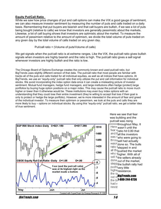Equity Put/Call Ratio
While we saw how price changes of put and call options can make the VIX a good gauge of sentiment,
we can also measure investor sentiment by measuring the number of puts and calls traded on a daily
basis. Remembering that put buyers are bearish and that call buyers are bullish, if we see a lot of puts
being bought (relative to calls) we know that investors are generally pessimistic about the markets.
Likewise, a lot of call buying shows that investors are optimistic about the market. To measure the
amount of pessimism relative to the amount of optimism, we divide the total volume of puts traded on
any given day by the total volume of calls traded on any given day.

                 Put/call ratio = (Volume of puts/Volume of calls)

We get signals when the put/call ratio is at extreme ranges. Like the VIX, the put/call ratio gives bullish
signals when investors are highly bearish and the ratio is high. The put/call ratio gives a sell signal
whenever investors are highly bullish and the ratio is low.


The Chicago Board of Options Exchange creates the commonly known and used put/call ratio, but
BigTrends uses slightly different version of that data. The put/call ratio that most people are familiar with
tracks all of the puts and calls traded for all individual equities, as well as all indices that have options. At
BigTrends, we use an “equity-only” put/call ratio that only utilizes the put and call information for individual
stocks. We avoid incorporating the index option data since it can create a misleading picture of investor
sentiment. Mutual fund managers, hedge fund managers, and large institutions often hedge (protect) large
portfolios by buying huge option positions on a major index. This may cause the put/call ratio to move much
higher or lower than it otherwise would be. These institutions may even buy index options with an
understanding that they could lose their entire investment (they’re willing to accept that loss if their goal is
only to protect or hedge the large portfolio). However, we’re more interested in the amount of fear and greed
of the individual investor. To measure their optimism or pessimism, we look at the puts and calls they are
more likely to buy – options on individual stocks. By using this “equity-only” put/call ratio, we get a better idea
of true sentiment.


                                                                                     Here we see that fear
                                                                                     was building and the
                                                                                     put/call was rising
                                                                                           throughout May. It
                                                                                           wasn’t until the
                                                                                           ratio hit 0.80 that
                                                                                           all the investors
                                                                                           who were going to
                                                                                           sell had actually
                                                                                           done so. The bulls
                                                                                           stepped in and
                                                                                           pushed the market
                                                                                           higher. With all of
                                                                                           the sellers already
                                                                                           out of the market,
                                                                                           the bullish rally had
                                                                                           very little
                                                                                           resistance.
                                                                                            BigTrends.com
                                                                                            1-800-244-8736
 