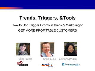 Trends, Triggers, & ToolsHow to Use Trigger Events in Sales & Marketing toGET MORE PROFITABLE CUSTOMERS Ivana Taylor             Craig Elias    Esther LaVielle 