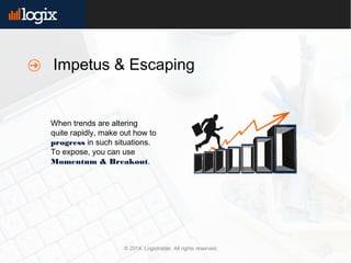 © 2014. Logixtrader. All rights reserved.
When trends are altering
quite rapidly, make out how to
progress in such situations.
To expose, you can use
Momentum & Breakout.
Impetus & Escaping
 