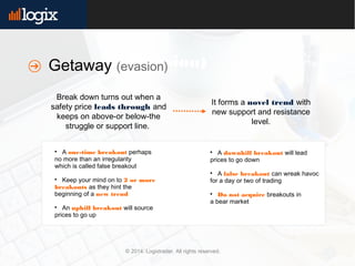 © 2014. Logixtrader. All rights reserved.
(evasion)
Break down turns out when a
safety price leads through and
keeps on above-or below-the
struggle or support line.
It forms a novel trend with
new support and resistance
level.
Getaway (evasion)

A one-time breakout perhaps
no more than an irregularity
which is called false breakout

Keep your mind on to 2 or more
breakouts as they hint the
beginning of a new trend

An uphill breakout will source
prices to go up

A downhill breakout will lead
prices to go down

A false breakout can wreak havoc
for a day or two of trading

Do not acquire breakouts in
a bear market
 