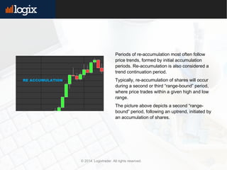 Periods of re-accumulation most often follow
price trends, formed by initial accumulation
periods. Re-accumulation is also considered a
trend continuation period.
Typically, re-accumulation of shares will occur
during a second or third “range-bound” period,
where price trades within a given high and low
range.
The picture above depicts a second “range-
bound” period, following an uptrend, initiated by
an accumulation of shares.
© 2014. Logixtrader. All rights reserved.
 