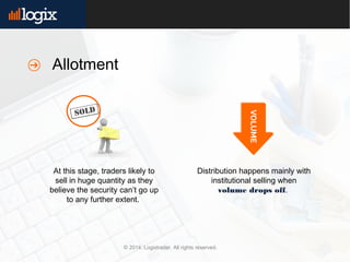 © 2014. Logixtrader. All rights reserved.
At this stage, traders likely to
sell in huge quantity as they
believe the security can’t go up
to any further extent.
Distribution happens mainly with
institutional selling when
volume drops off.
Allotment
 