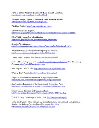 Farm-to-School Program, Community Food Security Coalition,
http://foodsecurity.org/farm_to_school.html.

Farm-to-College Program, Community Food Security Coalition,
http://foodsecurity.org/farm_to_college.html.

The Food Project, http://www.thefoodproject.org/.

Edible School Yard Program,
http://www.csg.org/CSG/Policy/education/school+health/edible+school+yard.htm.

EPA-NASA Urban Heat Island Project,
http://www.ghcc.msfc.nasa.gov/uhipp/urban_uhipp.html.

Growing New Farmers,
http://gnf.bigmindcatalyst.com/cgi/bmc.pl?page=pubpg1.html&node=1010.

Informed Eating: A Newsletter of food policy and analysis,
http://www.informedeating.org/newsletters/040215.htm.

“Jersey Fresh” Program, http://www.state.nj.us/jerseyfresh/.

National Gardening Association, http://www.nationalgardening.com/; Kids Gardening
Program, http://www.kidsgardening.com/.

New England LAND LINK, http://www.smallfarm.org/nell/nell.html.

“Plant-a-Row” Project, http://www.gardenwriters.org/par/.

Project on Human Development in Chicago Neighborhoods,
http://www.hms.harvard.edu/chase/projects/chicago/index.html.

San Francisco Department of the Environment, Composting Page,
http://temp.sfgov.org/sfenvironment/aboutus/recycling/compost.htm.

School Garden Research, KidsGardening.Com,
http://www.kidsgardening.com/Dig/DigDetail.taf?ID=124&Type=faq.

THRIVE, Using Gardening to Change Lives, http://www.thrive.org.uk/.

Urban Biodiversity, Urban Ecology and Urban Sustainable Environment, Convention on
Biodiversity, Belgian Clearing-House Mechanism, http://bch-
cbd.naturalsciences.be/belgium/links/themes/urban.htm.
 