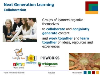 Next Generation Learning Collaboration Groups of learners organize themselves  to  collaborate  and  conjointly generate  content  and  work together  and  learn together  on ideas, resources and experiences 