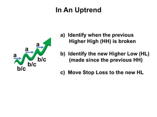 a
a
a
b/c
b/c
b/c
a) Identify when the previous
Higher High (HH) is broken
b) Identify the new Higher Low (HL)
(made since the previous HH)
c) Move Stop Loss to the new HL
In An Uptrend
 