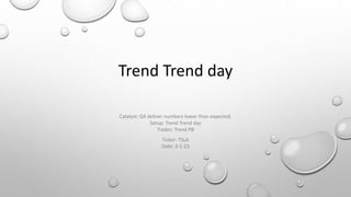 Trend Trend day
Catalyst: Q4 deliver numbers lower than expected.
Setup: Trend Trend day
Trades: Trend PB
Ticker: TSLA
Date: 3-1-23
 