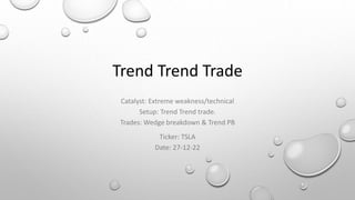 Trend Trend Trade
Catalyst: Extreme weakness/technical
Setup: Trend Trend trade.
Trades: Wedge breakdown & Trend PB
Ticker: TSLA
Date: 27-12-22
 