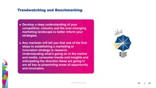 umbrella-mg.com
3
Each reference will be in two forms:
Complete: descriptions, titles, technological
solutions, photos, even videos, short statements of
contractor, fitter, investor, and perhaps an expert
commentary. There will be initially about 5-7 most
interesting implementations, and then one per
quarter on average.
Simple - a brief description, maybe pictures and
quotes from an investor or contractor’s commentary.
We assume that after some time distributors and
performers may place these references them
Trendwatching and Benchmarking
Develop a deep understanding of your
competition, industry and the ever-changing
marketing landscape to better inform your
strategies.
Any marketer will tell you that one of the first
steps to establishing a marketing or
innovation strategy is research.
Understanding what’s going on in the market
and media, consumer trends and insights and
anticipating the direction these are going in
are all key to pinpointing areas of opportunity
and innovation.
 