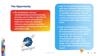 umbrella-mg.com
5
By developing a strong
trendwatching and benchmarking
process, you’re able to identify the
important trends and audience
behaviours that will ultimately
influence your product launches,
messaging, marketing activities and
ultimately, sales.
And it’s not just about keeping up
with your audience. Benchmarking
allows you to see what your direct
competitors are doing, and how
they’re responding to trends in the
market, to ensure your business is
seizing the same opportunities as
them.
And to know you’re keeping up
with your competition is one thing.
But benchmarking is also crucial
to seeing how you can do better
than them. By using your
competition’s activities as a
benchmark, you’ll often see a
better way to leverage key trends
to drive sales and results for your
brand.
The Opportunity
 
