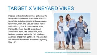 Inspired by the ultimate summer gathering, the
limited edition collection offers more than 300
items total, including apparel and accessories
for women, men, and kids, as well as home
and outdoor goods. A press release notes
there will be more than 85 apparel and
accessories items, like sweatshirts, tops,
bottoms, dresses, swimsuits, hat, tote bags,
and more priced from $6 to $40. The collection
will be available in stores and online beginning
May 18th.
https://www.refinery29.com/en-us/2019/02/225618/target-vineyard-vines-collaboration-may-2019
TARGET X VINEYARD VINES
 