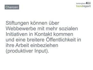 Chancen!




Stiftungen können über
Webbewerbe mit mehr sozialen
Initiativen in Kontakt kommen
und eine breitere Öffentlichkeit in
ihre Arbeit einbeziehen
(produktiver Input).!
 
