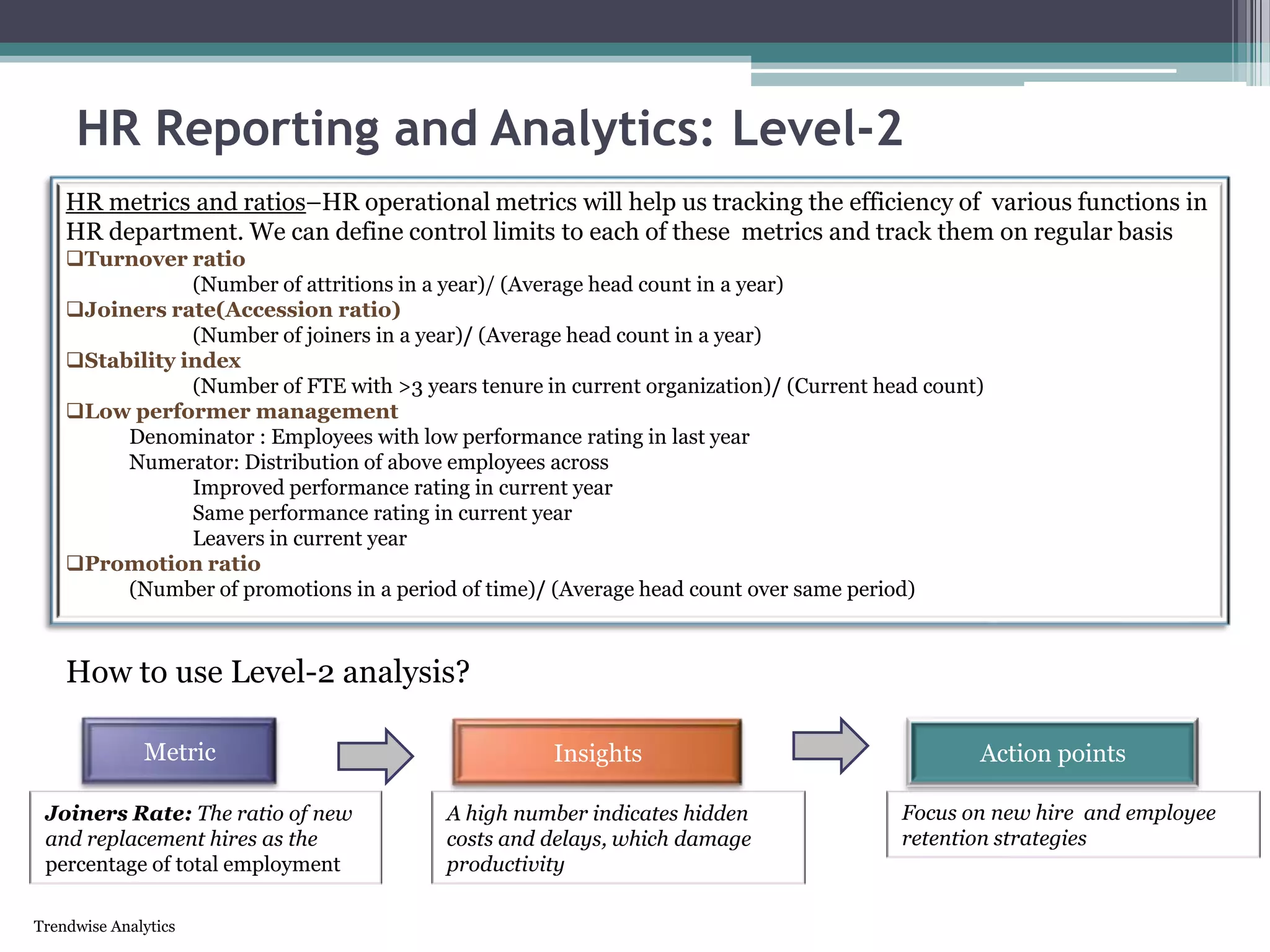 Trendwise Analytics
HR Reporting and Analytics: Level-2
HR metrics and ratios–HR operational metrics will help us tracking the efficiency of various functions in
HR department. We can define control limits to each of these metrics and track them on regular basis
Turnover ratio
(Number of attritions in a year)/ (Average head count in a year)
Joiners rate(Accession ratio)
(Number of joiners in a year)/ (Average head count in a year)
Stability index
(Number of FTE with >3 years tenure in current organization)/ (Current head count)
Low performer management
Denominator : Employees with low performance rating in last year
Numerator: Distribution of above employees across
Improved performance rating in current year
Same performance rating in current year
Leavers in current year
Promotion ratio
(Number of promotions in a period of time)/ (Average head count over same period)
A high number indicates hidden
costs and delays, which damage
productivity
Joiners Rate: The ratio of new
and replacement hires as the
percentage of total employment
Metric Insights Action points
Focus on new hire and employee
retention strategies
How to use Level-2 analysis?
 