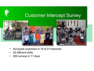 Customer Intercept Survey Surveyed customers in 16 of 21 branches 25 different shifts 500 surveys in 11 days Customer Intercept Survey 