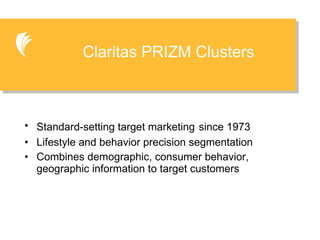 Standard-setting target marketing   since 1973 Lifestyle and behavior precision segmentation Combines demographic, consumer behavior, geographic information to target customers Claritas PRIZM Clusters 