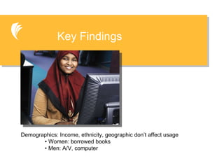 Key Findings Demographics: Income, ethnicity, geographic don’t affect usage  •  Women: borrowed books  •  Men: A/V, computer 