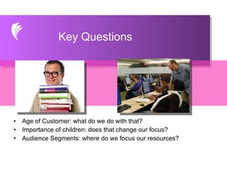 Age of Customer: what do we do with that? Importance of children: does that change our focus? Audience Segments: where do we focus our resources? Key Questions 