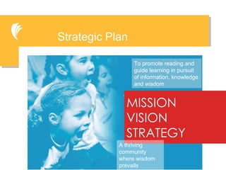 Strategic Plan MISSION VISION STRATEGY To promote reading and guide learning in pursuit of information, knowledge and wisdom A thriving community where wisdom prevails 