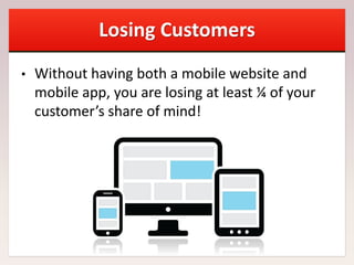 Losing Customers
• Without having both a mobile website and
mobile app, you are losing at least ¼ of your
customer’s share of mind!
 