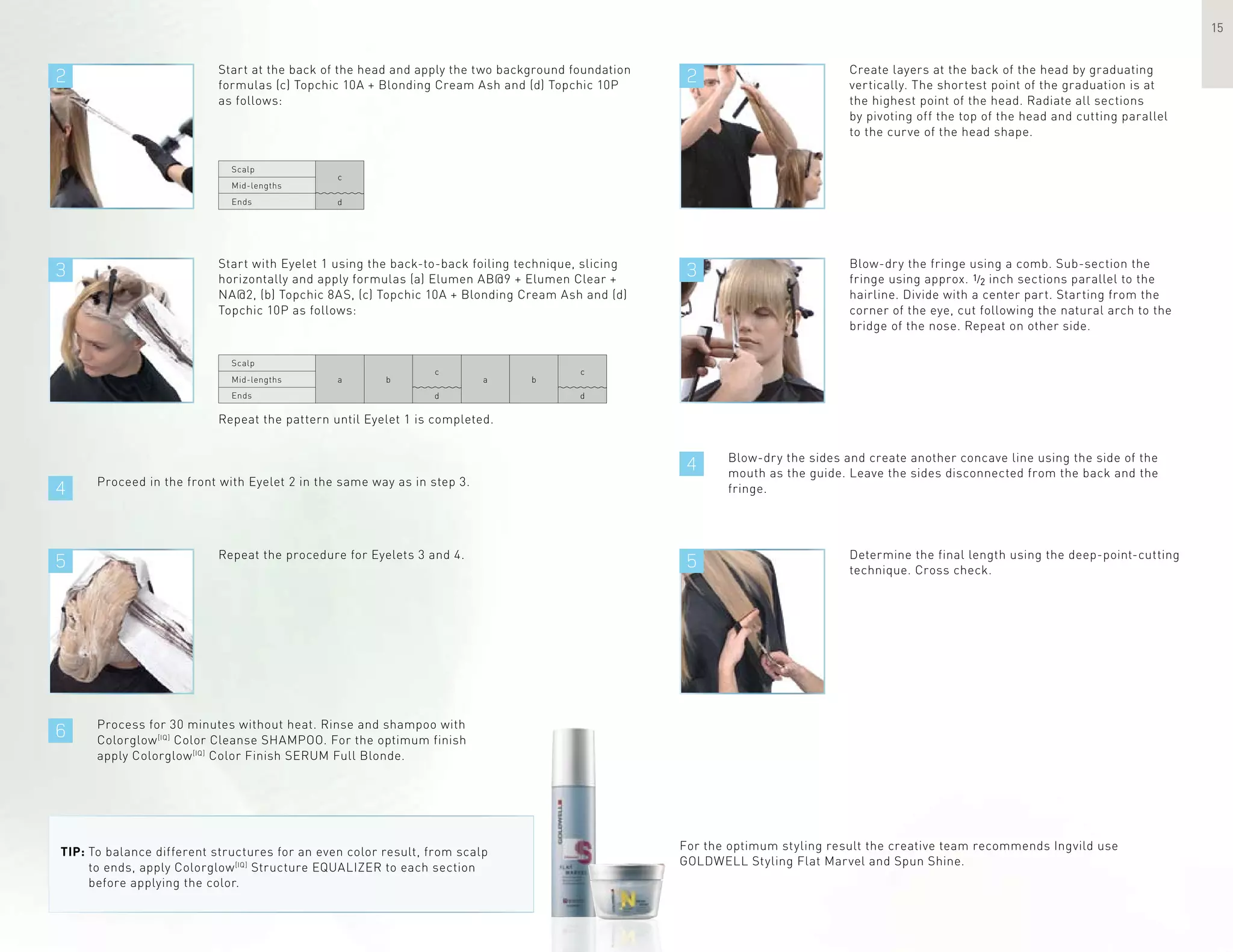 2 2
3
4
3
4
55
6
15
Start at the back of the head and apply the two background foundation
formulas (c) Topchic 10A + Blonding Cream Ash and (d) Topchic 10P
as follows:
Create layers at the back of the head by graduating
vertically. The shortest point of the graduation is at
the highest point of the head. Radiate all sections
by pivoting off the top of the head and cutting parallel
to the curve of the head shape.
Start with Eyelet 1 using the back-to-back foiling technique, slicing
horizontally and apply formulas (a) Elumen AB@9 + Elumen Clear +
NA@2, (b) Topchic 8AS, (c) Topchic 10A + Blonding Cream Ash and (d)
Topchic 10P as follows:
Repeat the pattern until Eyelet 1 is completed.
Proceed in the front with Eyelet 2 in the same way as in step 3.
Blow-dry the fringe using a comb. Sub-section the
fringe using approx. 1/2 inch sections parallel to the
hairline. Divide with a center part. Starting from the
corner of the eye, cut following the natural arch to the
bridge of the nose. Repeat on other side.
Blow-dry the sides and create another concave line using the side of the
mouth as the guide. Leave the sides disconnected from the back and the
fringe.
Determine the final length using the deep-point-cutting
technique. Cross check.
Repeat the procedure for Eyelets 3 and 4.
Process for 30 minutes without heat. Rinse and shampoo with
Colorglow[IQ]
Color Cleanse SHAMPOO. For the optimum finish
apply Colorglow[IQ]
Color Finish SERUM Full Blonde.
Tip: To balance different structures for an even color result, from scalp
to ends, apply Colorglow[IQ]
Structure EQUALIZER to each section
before applying the color.
For the optimum styling result the creative team recommends Ingvild use
GOLDWELL Styling Flat Marvel and Spun Shine.
Scalp
Mid-lengths
Ends
c
d
Scalp
Mid-lengths
Ends
a b
c
d
a b
c
d
 