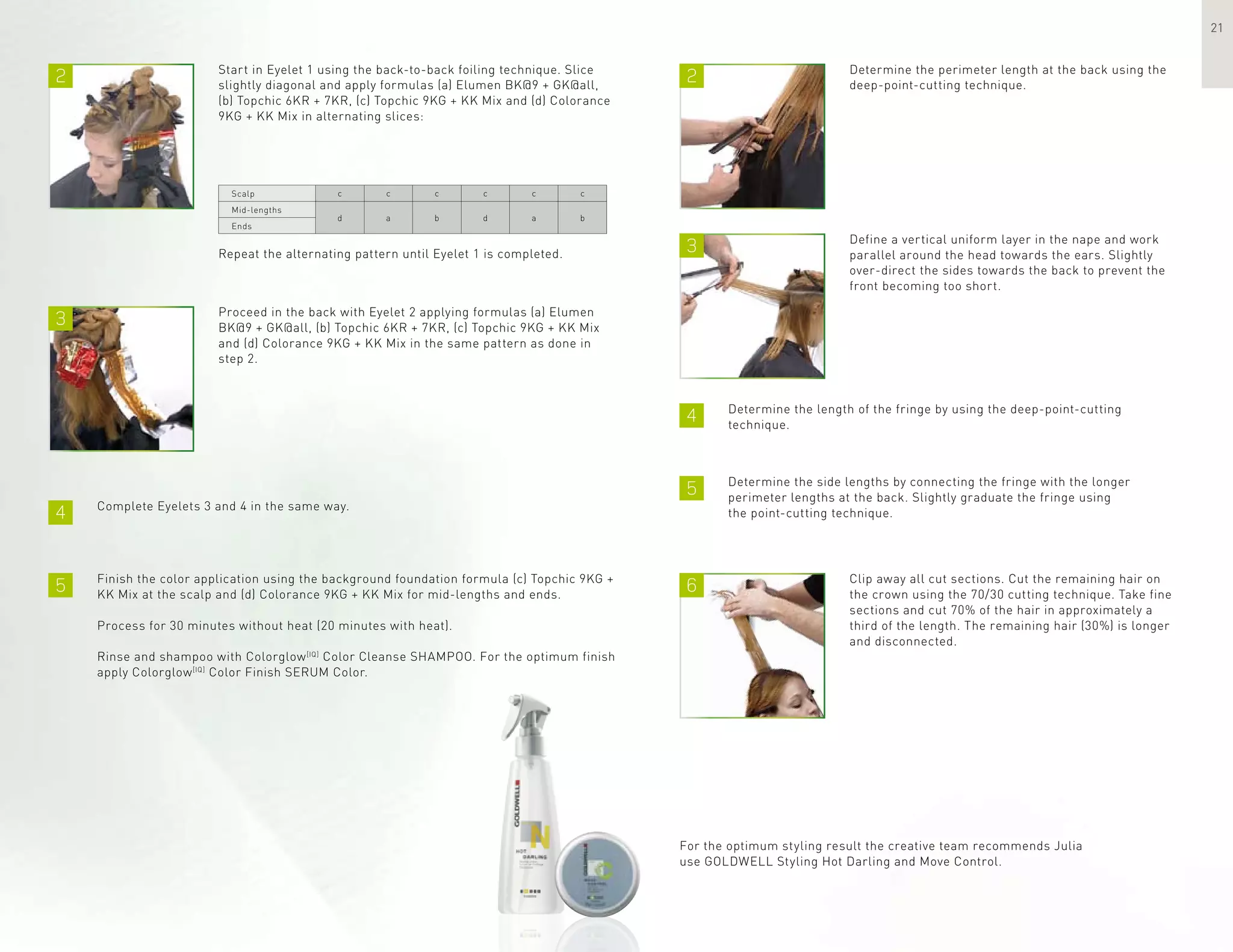 2 2
5
3
3
4
6
4
5
21
Start in Eyelet 1 using the back-to-back foiling technique. Slice
slightly diagonal and apply formulas (a) Elumen BK@9 + GK@all,
(b) Topchic 6KR + 7KR, (c) Topchic 9KG + KK Mix and (d) Colorance
9KG + KK Mix in alternating slices:
Determine the perimeter length at the back using the
deep-point-cutting technique.
Finish the color application using the background foundation formula (c) Topchic 9KG +
KK Mix at the scalp and (d) Colorance 9KG + KK Mix for mid-lengths and ends.
Process for 30 minutes without heat (20 minutes with heat).
Rinse and shampoo with Colorglow[IQ]
Color Cleanse SHAMPOO. For the optimum finish
apply Colorglow[IQ]
Color Finish SERUM Color.
Proceed in the back with Eyelet 2 applying formulas (a) Elumen
BK@9 + GK@all, (b) Topchic 6KR + 7KR, (c) Topchic 9KG + KK Mix
and (d) Colorance 9KG + KK Mix in the same pattern as done in
step 2.
Define a vertical uniform layer in the nape and work
parallel around the head towards the ears. Slightly
over-direct the sides towards the back to prevent the
front becoming too short.
Determine the length of the fringe by using the deep-point-cutting
technique.
Clip away all cut sections. Cut the remaining hair on
the crown using the 70/30 cutting technique. Take fine
sections and cut 70% of the hair in approximately a
third of the length. The remaining hair (30%) is longer
and disconnected.
For the optimum styling result the creative team recommends Julia
use GOLDWELL Styling Hot Darling and Move Control.
Complete Eyelets 3 and 4 in the same way.
Determine the side lengths by connecting the fringe with the longer
perimeter lengths at the back. Slightly graduate the fringe using
the point-cutting technique.
Scalp
Mid-lengths
Ends
c
ad
c c c c c
b d a b
Repeat the alternating pattern until Eyelet 1 is completed.
 