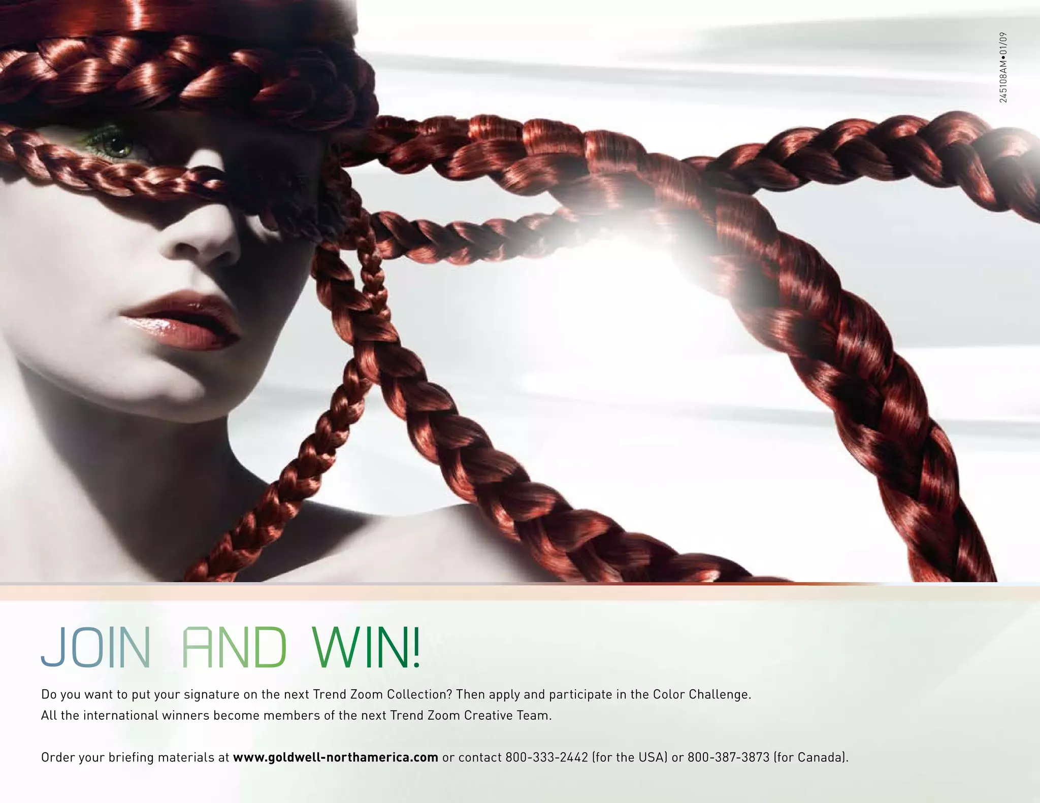 245108AM•01/09
Do you want to put your signature on the next Trend Zoom Collection? Then apply and participate in the Color Challenge.
All the international winners become members of the next Trend Zoom Creative Team.
Order your briefing materials at www.goldwell-northamerica.com or contact 800-333-2442 (for the USA) or 800-387-3873 (for Canada).
 