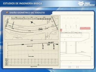 ESTUDIOS DE INGENIERÍA BÁSICA
DISEÑO GEOMÉTRICO DEL VIADUCTO
- Definición exacta en planta y elevación del perfil geométrico del riel
(Cotas, pendientes, curvas verticales y horizontales)
Parámetros para la línea en la vía principal
. Distancia entre rieles (trocha 1.435 m)
. Entrevía mínima 3.80 m
. Pendiente máxima 3.5%
. Radio mínimo de curva horizontal 250 m
. Radio mínimo de curva vertical 3000 m
. Curvas de transición espirales
Parámetros para la vía en estaciones de pasajeros
. Longitud de andenes 120 m
. Ancho de andenes (mínimo 4 m)
. Desnivel entre tope de riel y andén 1.05 m
. Pendiente máxima 0.50%
Planos de Planta y
Perfil de la Vía
 
