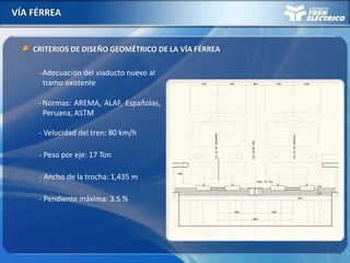 VÍA FÉRREA
CRITERIOS DE DISEÑO GEOMÉTRICO DE LA VÍA FÉRREA
-Adecuación del viaducto nuevo al
tramo existente
-Normas: AREMA, ALAF, Españolas,
Peruana, ASTM
- Velocidad del tren: 80 km/h
- Peso por eje: 17 Ton
- Ancho de la trocha: 1,435 m
- Pendiente máxima: 3.5 %
 