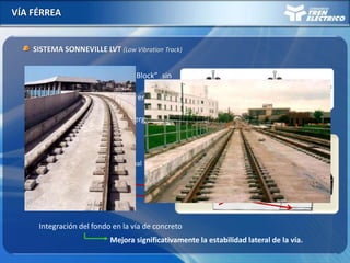 VÍA FÉRREA
SISTEMA SONNEVILLE LVT (Low Vibration Track)
-Vía con durmientes “Bi- Block” sin
conexión metálica
-Instalación de durmientes en vía sin
balasto
- Jebe para disipación de energía.
1. Bloque de concreto individual
Configuración Típica
2. Almohadilla
3. Cubo de jebe
1
2
3
Integración del fondo en la vía de concreto
Mejora significativamente la estabilidad lateral de la vía.
 