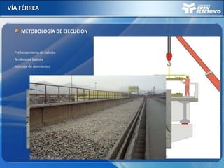 VÍA FÉRREA
METODOLOGÍA DE EJECUCIÓN
. Pre lanzamiento de balasto
. Tendido de balasto
. Montaje de durmientes
 