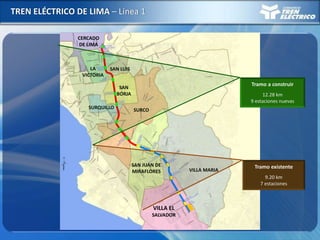 TREN ELÉCTRICO DE LIMA – Línea 1
VILLA EL
SALVADOR
VILLA MARIA
SAN JUAN DE
MIRAFLORES
SURCOSURQUILLO
SAN
BORJA
LA
VICTORIA
SAN LUIS
CERCADO
DE LIMA
VILLA EL
SALVADOR
VILLA MARIA
SAN JUAN DE
MIRAFLORES
SURCOSURQUILLO
SAN
BORJA
LA
VICTORIA
SAN LUIS
CERCADO
DE LIMA
Tramo existente
9.20 km
7 estaciones
Tramo a construir
12.28 km
9 estaciones nuevas
 