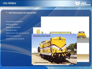 VÍA FÉRREA
METODOLOGÍA DE EJECUCIÓN
. Pre lanzamiento de balasto
. Tendido de balasto
. Montaje de durmientes
. Montaje de rieles
. Pre alineamiento de vía
. Fijación de los rieles a los durmientes
. Complementación de Balasto
Locomotora (Track Mobile)
Track Lifting machine
 