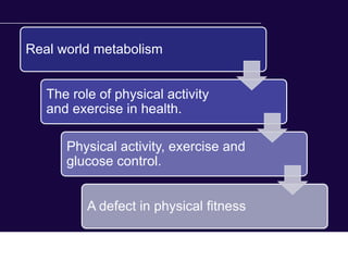 Real world metabolism


   The role of physical activity
   and exercise in health.

      Physical activity, exercise and
      glucose control.


          A defect in physical fitness
 