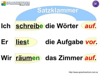 Satzklammer

Ich schreibe die Wörter auf.

Er   liest     die Aufgabe vor.

Wir räumen das Zimmer auf.
                      http://www.sprachzentrum.com.ar
 