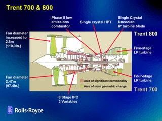 Trent 700 & 800 Trent 700 Trent 800 Area of significant commonality Area of main geometric change Fan diameter increased to  2.8m  (110.3in.) Five-stage LP turbine Single crystal HPT Single Crystal Uncooled IP turbine blade Fan diameter 2.47m  (97.4in.) Four-stage LP turbine Phase 5 low emissions combustor 8 Stage IPC 3 Variables 