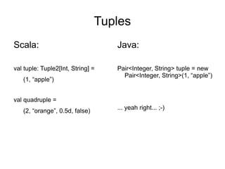 Tuples
Scala:
val tuple: Tuple2[Int, String] =
(1, “apple”)
val quadruple =
(2, “orange”, 0.5d, false)
Java:
Pair<Integer, String> tuple = new
Pair<Integer, String>(1, “apple”)
... yeah right... ;-)
 