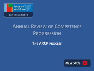 East Midlands LETB




   ANNUAL REVIEW OF COMPETENCE
           PROGRESSION
                     THE ARCP PROCESS



                                        Next Slide
 