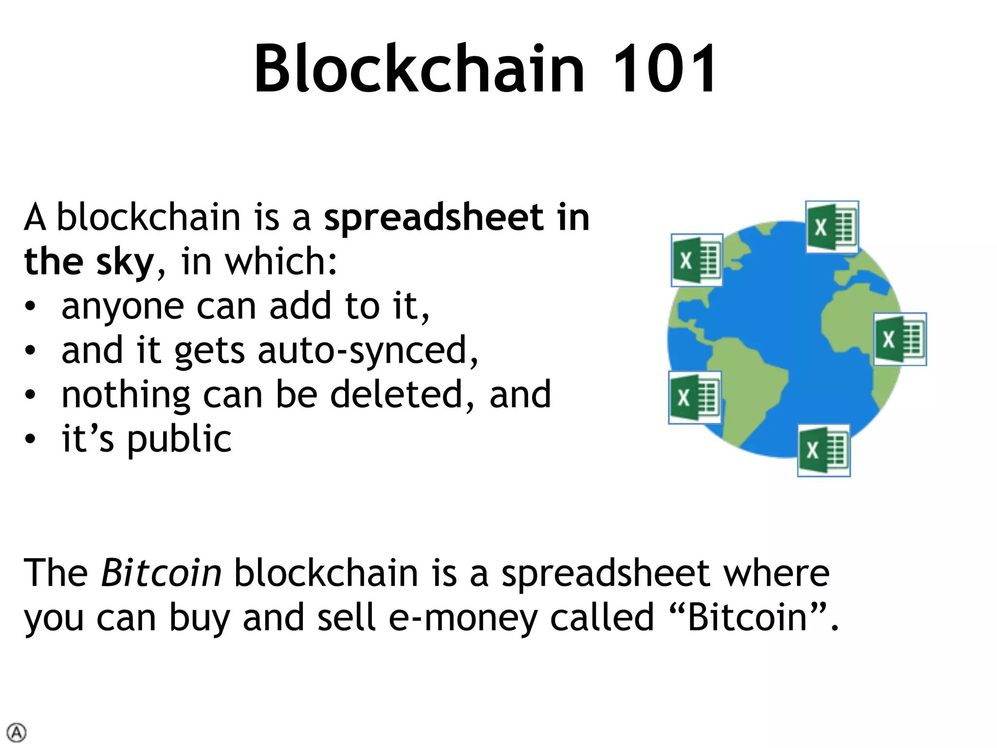 Blockchain 101
A blockchain is a spreadsheet in
the sky, in which:
• anyone can add to it,
• and it gets auto-synced,
• nothing can be deleted, and
• it’s public
The Bitcoin blockchain is a spreadsheet where
you can buy and sell e-money called “Bitcoin”.
 