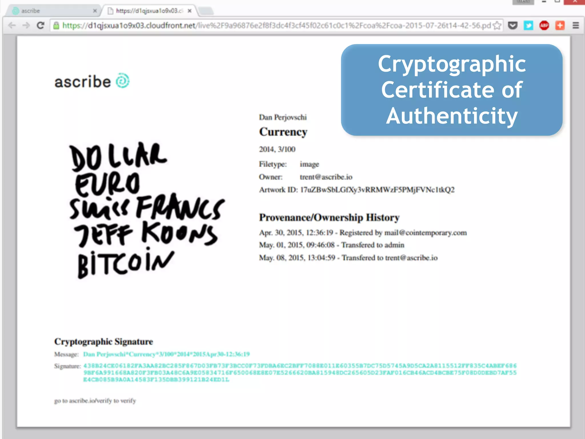 Cryptographic
Certificate of
Authenticity
 