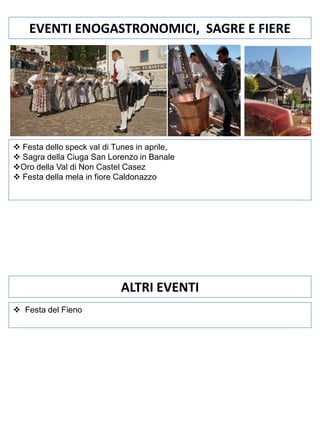 EVENTI ENOGASTRONOMICI, SAGRE E FIERE

 Festa dello speck val di Tunes in aprile,
 Sagra della Ciuga San Lorenzo in Banale
Oro della Val di Non Castel Casez
 Festa della mela in fiore Caldonazzo

ALTRI EVENTI
 Festa del Fieno

 