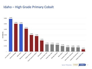 10
0.59%
0.50% 0.50%
0.41%
0.30%
0.28%
0.20%
0.13% 0.13% 0.12%
0.10%
0.08% 0.08% 0.08%
0.04%
–
0.10%
0.20%
0.30%
0.40%
0.50%
0.60%
CoGrade(%)
Source: TD Securities
Idaho – High Grade Primary Cobalt
 