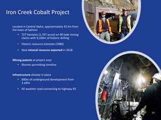 13
Located in Central Idaho, approximately 42 km from
the town of Salmon
• 727 hectares (1,797 acres) on 90 lode mining
claims with 9,100m of historic drilling
• Historic resource estimate (1980)
• New mineral resource expected in 2018
Mining patents at project area
• Shorter permitting timeline
Infrastructure already in place
• 600m of underground development from
3 adits
• All weather road connecting to highway 93
Iron Creek Cobalt Project
13
 