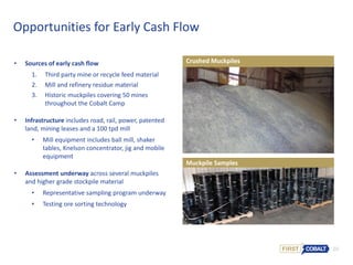 20
Opportunities for Early Cash Flow
• Sources of early cash flow
1. Third party mine or recycle feed material
2. Mill and refinery residue material
3. Historic muckpiles covering 50 mines
throughout the Cobalt Camp
• Infrastructure includes road, rail, power, patented
land, mining leases and a 100 tpd mill
• Mill equipment includes ball mill, shaker
tables, Knelson concentrator, jig and mobile
equipment
• Assessment underway across several muckpiles
and higher grade stockpile material
• Representative sampling program underway
• Testing ore sorting technology
Crushed Muckpiles
Muckpile Samples
 